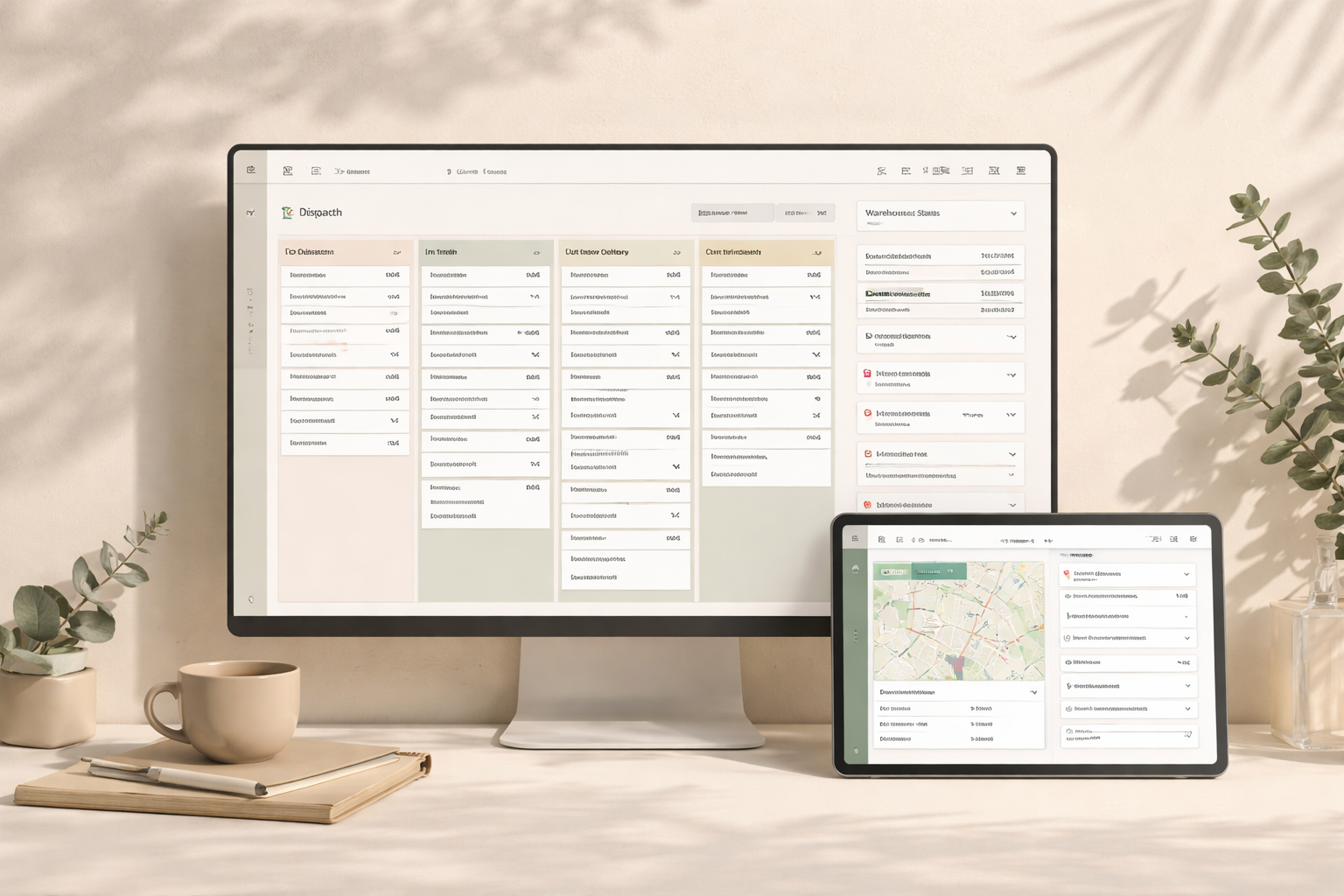 Filiatix editorial product mockup with logistics operations dashboard and tablet companion