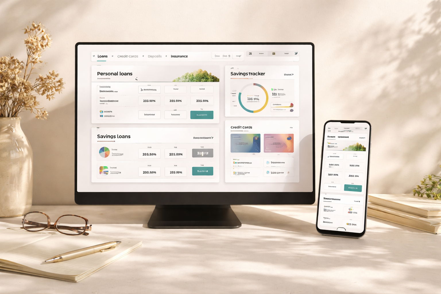 Finance.ua editorial product mockup with finance comparison dashboard and mobile companion