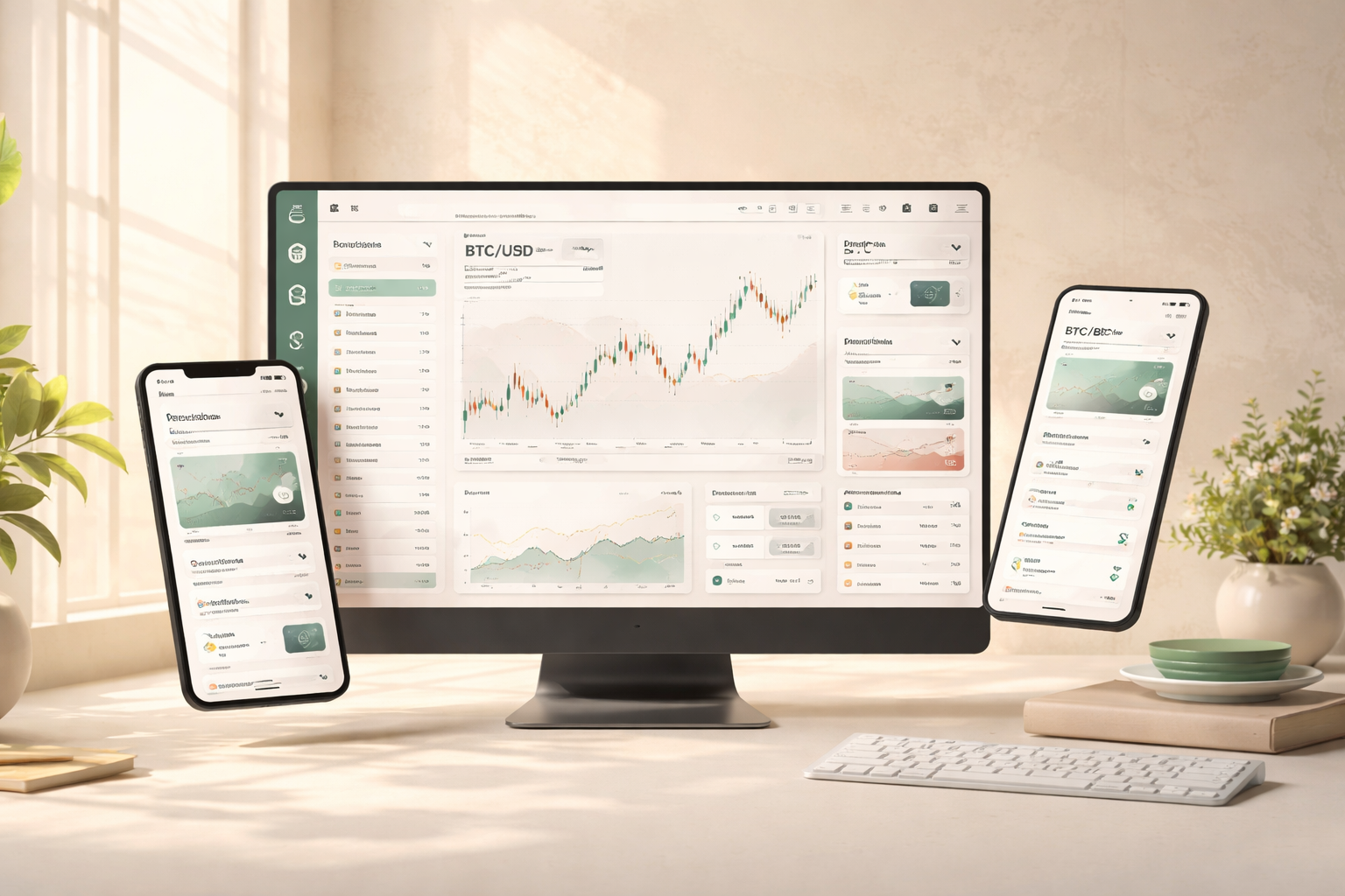Multi editorial product mockup with trading dashboard and mobile account view